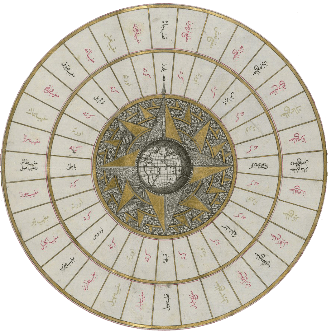 Western hemisphere within a wind rose with the Atlantic Ocean in the center